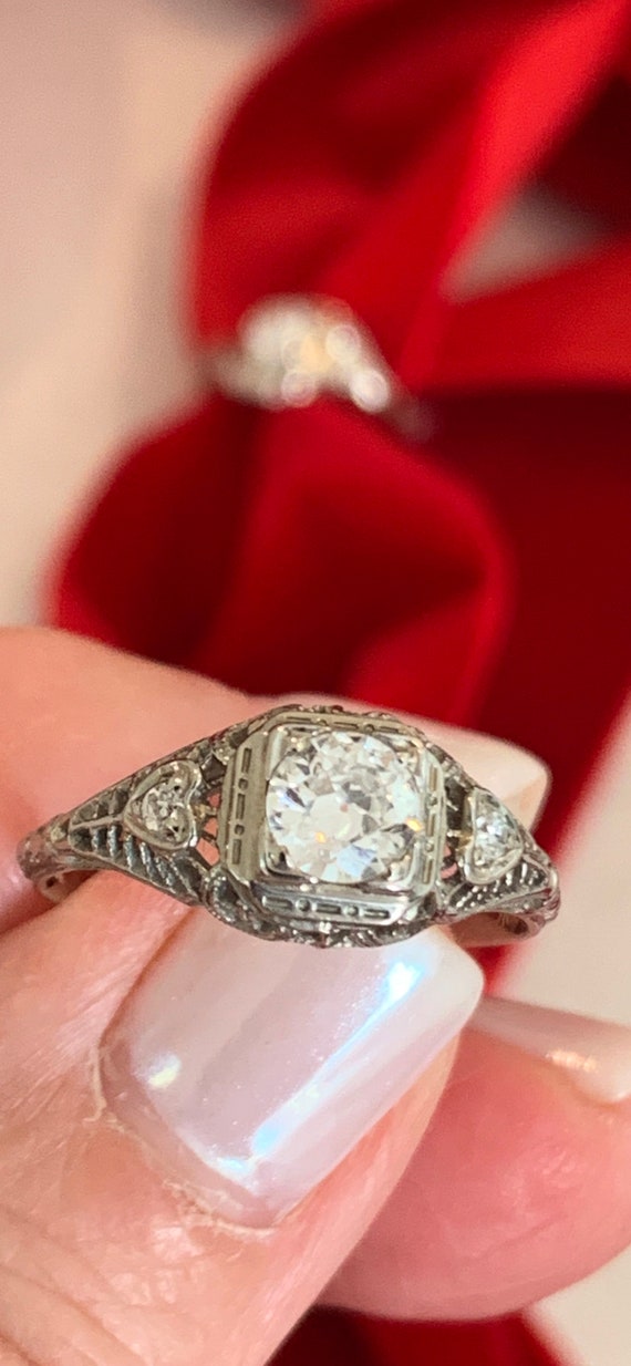 Vintage 20k  Diamond Filigree Ring, Heart shaped a