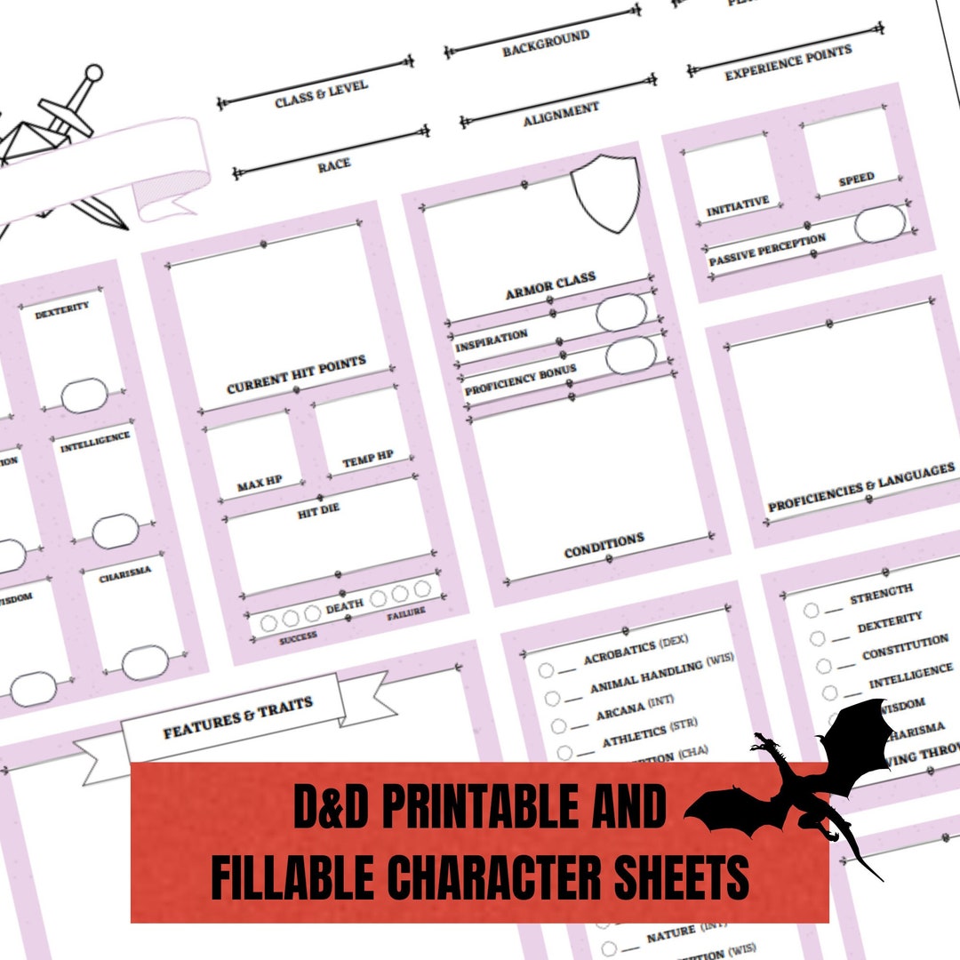 Dungeons and Dragons Downloadable Character Sheet Pink D&amp;D 5e - Etsy
