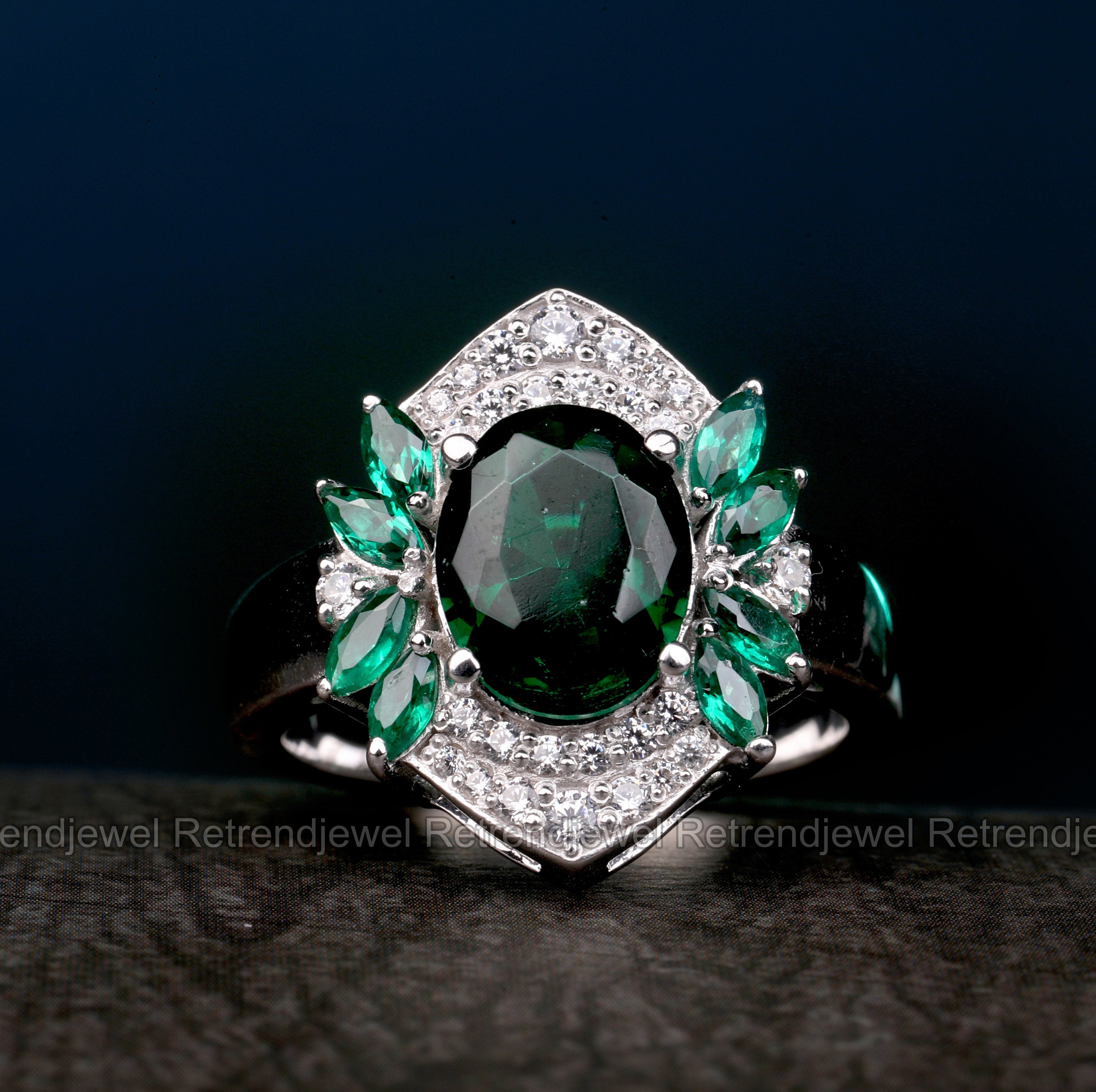 Schilling Platinum, Rectangular Emerald and Diamond Ring, Cocktail Ring | Gemstone Ring, Size 5 3/4, Vintage Jewelry