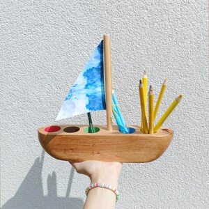 Wooden Pencil Holder with Nautical Mood, Eco friendly Kids desk organizer, Sailboat Crayon holder, Office desk Accessory, unique Sailor Gift image 2