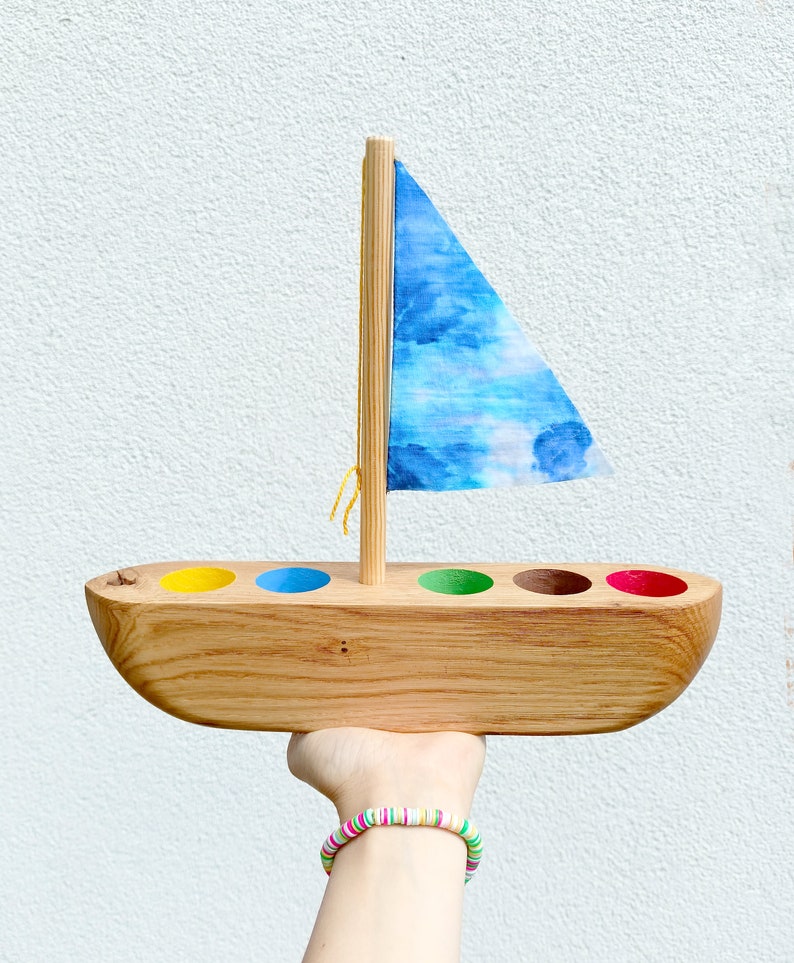 Wooden Pencil Holder with Nautical Mood, Eco friendly Kids desk organizer, Sailboat Crayon holder, Office desk Accessory, unique Sailor Gift Blue -  hand dyed