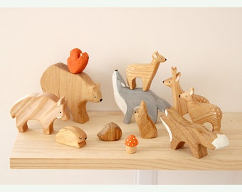 Big Forest Wooden Animals SET, Woodland waldorf inspired figurines, Bear, Hare, Fox, Deer, Boar, Hedgehog, Wolf, Eco friendly open ended toy