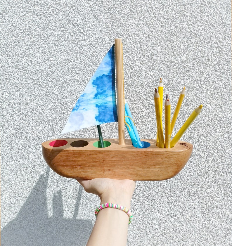 Wooden Pencil Holder with Nautical Mood, Eco friendly Kids desk organizer, Sailboat Crayon holder, Office desk Accessory, unique Sailor Gift image 2