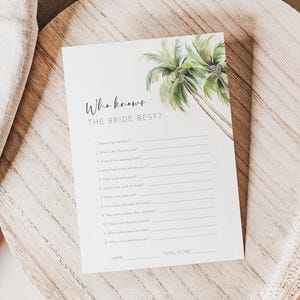 Who Knows the Bride Best Game Printable Template, Tropical Bridal Shower Fun, Editable Bachelorette Activity, Beach Wedding Shower Card AABR