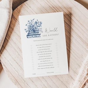 May include: A white card with the text "Would She Rather?" and a floral illustration in blue. The card is on a wooden tray with a linen cloth and decorative plant. The card has a list of questions.