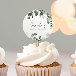 Eucalyptus Bridal Shower Cupcake Toppers Printable Template, Sage Green Wedding Cake Toppers, Editable Wedding Shower Dessert Topper AAGA