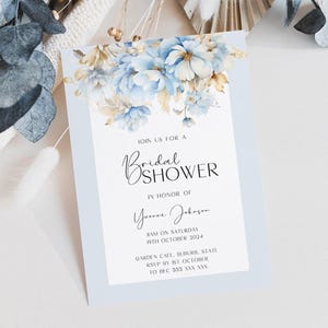 Floral Bridal Shower Invitation Dusty Blue and Gold Template, Something Blue Shower Invite, Editable Printable Bridal Brunch Card AAYL