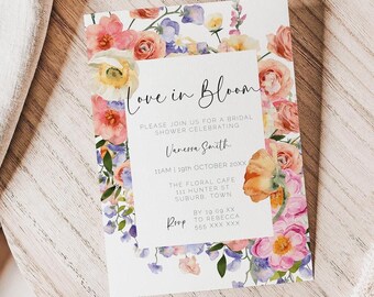 Love in Bloom Bridal Shower Invitation Editable Template, Colorful Floral Bridal Tea Invite, Printable Spring Flowers  Boho Brunch Card AAVG