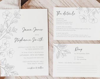 Hand Drawn Floral Wedding Invitation Set, Editable Template, Minimalist Wedding Invite Suite, Rsvp & Details Card, Invitation Bundle AASJ