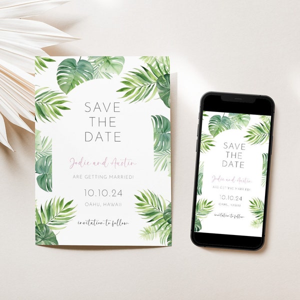 Tropical Save the Date Template with Electronic Save the Date Evite Monstera and Palm Tropical Greenery Editable Destination Wedding AAJA15