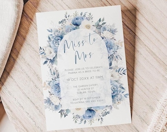 Dusty Blue Floral Bridal Shower Invitation Template, Something Blue Bridal Invitation, Miss to Mrs Editable Invite, Wedding Shower Tea AAMM