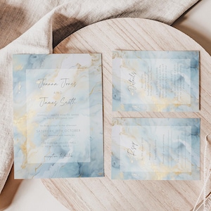 Dusty Blue and Gold Wedding Invitation Set, Editable Template, Marble Wedding Invite Suite, Rsvp & Details Card, Invitation Bundle AAJZ