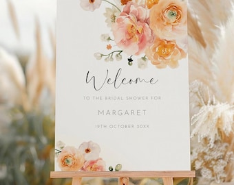 Modelo de placa de boas-vindas para chá de panela em tom pêssego, pôster de boas-vindas com flores boho, quadro grande editável para cerimônia com flores de primavera rosa e laranja AAMJ