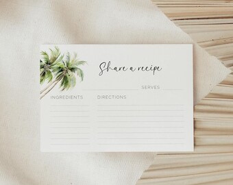 Tropical Bridal Shower Recipe Card Template, Palm Tree Bridal Brunch Activity, Printable Wedding Shower Game Card, BYO Recipe Insert AABR