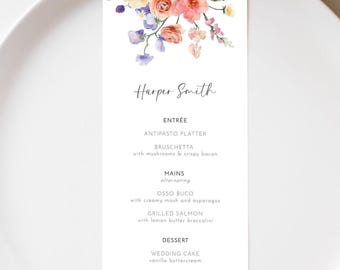 Bright Floral Wedding Menu Card, Editable Template, Colorful Flowers Dinner Menu & Place Card, Printable Bridal Shower Table Name Card AAVG