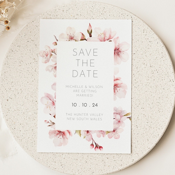 Cherry Blossom Save the Date Template, Floral Sakura Wedding Card, Love in Bloom, Pink Watercolor Japanese Flowers, Spring Editable AAMW3