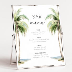 Palmen-Bar-Menü-Schild, bearbeitbare Vorlage, Strandhochzeit druckbares Barschild, Hochzeit am tropischen Urlaubsort Let&#39;s Drink-Menü-Tischschild AABR