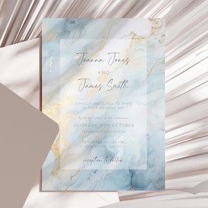 Dusty Blue Wedding Invitation, Editable Printable Template, Double Sided Customizable Wedding Invite with Blue and Gold Marble Pattern AAJZ