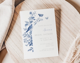 French Blue Toile Bridal Shower Invitation, Editable Template, Toile De Jouy Pattern, Something Blue Bridal, Lifetime of Butterflies Theme