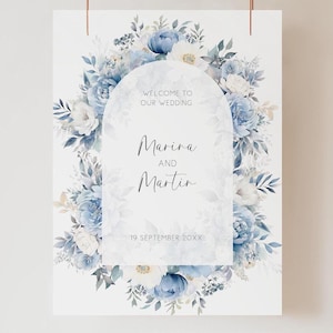 Welcome to Our Wedding Sign Dusty Blue Floral, Editable Template, Wedding Welcome Sign, Large Wedding Signage, Blue Welcome Poster AAMM18
