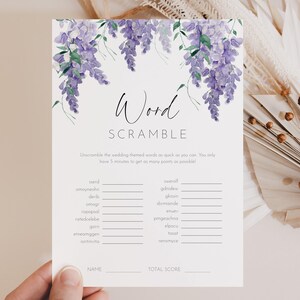 Modèle modifiable de jeu de douche nuptiale Word Scramble, carte imprimable de douche de mariage glycine, fleurs violettes EVJF activité AACC
