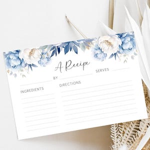 Dusty Blue Floral Brautdusche Rezept Vorlage, Blau weiße Pfingstrosen Braut Brunch Aktivität, druckbare Hochzeitsdusche Rezeptbeilage AAMM