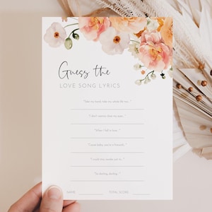 Devinez le modèle de paroles de chanson d'amour, carte imprimable de douche de mariage pêche, jeu de douche nuptiale floral bohème modifiable, idées de fête amusantes AAMJ