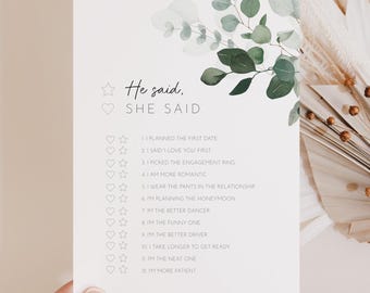 He Said She Said Game Editable Template, Eucalyptus Bridal Shower Game, Printable Guess Who Said It, Sage Green Wedding Shower Activity AAGA
