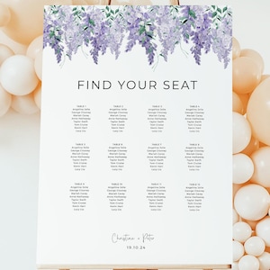 Plano de asientos de mesa con flores de glicina morada, plantilla de letrero para asientos de boda, asignación de mesas con flores de color lila y lavanda, póster con plano de asientos AACC4