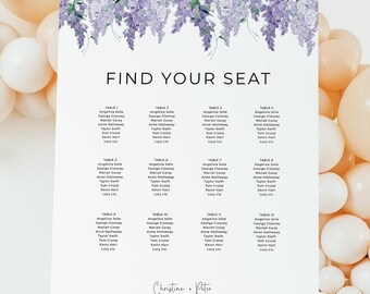 Puede incluir: Un plano de asientos de boda blanco con un diseño floral con flores de glicinia moradas. El gráfico está titulado "Find Your Seat" y enumera a los invitados por número de mesa. La parte inferior del gráfico incluye los nombres de la pareja, "Christina & Peter", y la fecha "18.10.24".
