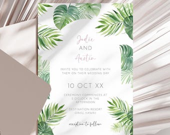 Tropical Wedding Invitation, Editable Template, Destination Beach Wedding Invite with Palm Leaves and Monstera Greenery AAJA