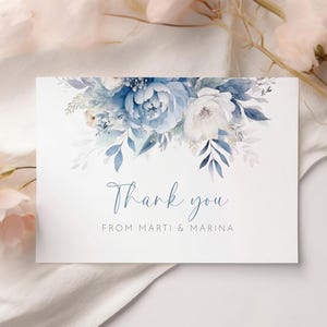 Dusty Blue Floral Dankeskarten, personalisierte Hochzeitskarte, bearbeitbare Vorlage, Babyparty Dankbarkeitshinweis, Pfingstrose Custom Briefpapier AAMM