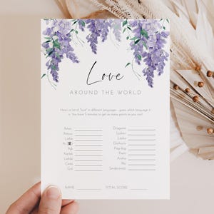 Modello per il gioco "Love Around the World" per l'addio al nubilato, biglietto d'auguri stampabile per l'addio al nubilato con glicine, idea per l'attività di addio al nubilato con fiori viola AACC