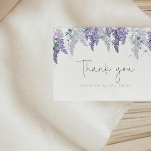 Lila Glyzinien Dankeschön-Karte bearbeitbare Vorlage, personalisierte Bridgerton-Hochzeitskarte, Lavendel-Blumen-Babyparty-Dankbarkeitshinweis AACC