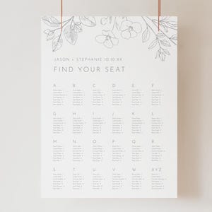 Letrero minimalista para la distribución de asientos en bodas, plantilla editable para hacer tú mismo, plano de asientos floral dibujado a mano de la A a la Z, asignación de asientos en orden alfabético AASJ