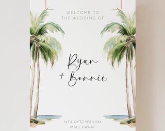 Palm Trees Welcome to Our Wedding Sign, Editable Template, Beach Wedding Welcome Sign, Large Tropical Wedding Signage, Welcome Poster AABR