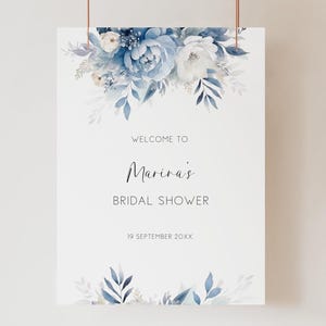 Bridal Shower Welcome Sign Blue and White Floral, Large Editable Sign Template, Modern Navy Blue Flowers, Something Blue Hens Poster AAMM7