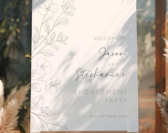 Engagement Party Welcome Sign Editable Template, Black White Floral Large Poster, Couples Shower Minimal Sign with Hand Drawn Flowers AASJ