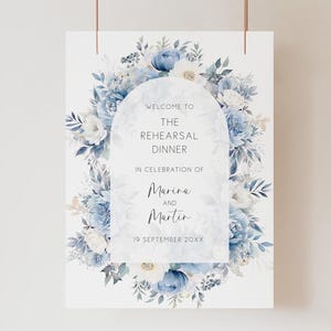 Dusty Blue Floral Rehearsal Dinner Welcome Sign, Editable Template, Blue Flowers Welcome Poster, Large Night Before Wedding Signage AAMM