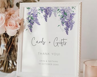 Letrero de boda con glicinas moradas, plantilla editable para hacer tú mismo, letrero de mesa para recepción de boda con lavanda, señalización floral para mesa AACC