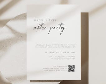 Happily Ever After Party Invitation Template with QR Code RSVP, Editable Modern Minimalist Wedding Invite, Evening Reception Invitation