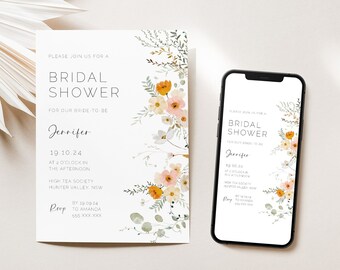 Wildflower Bridal Shower Invitation Card with Electronic Invite, Boho Bridal Printable Invitation Template, Digital Download, Editable JJ28