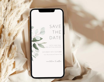 Opslaan van de datum telefoon uitnodiging, eucalyptus bladeren mobiele uitnodiging, groen bruiloft datum aankondiging, salie groen bewerkbare elektronische uitnodiging