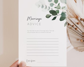 Marriage Advice Card Template, Printable Sage Green Wedding Shower Advise Cards, Editable Eucalyptus Bridal Shower Game Newlywed Wishes AAGA