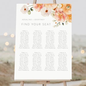 Perzik bloemen bruiloft zitplaatsen grafieksjabloon, vind je stoelplan, boho koraal gekleurde bloemen tafeltoewijzing, grote bruiloft poster AAMJ