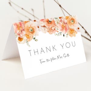 Tarjetas de agradecimiento florales bohemias, plantilla editable para tarjeta de despedida de soltera, tarjeta personalizada para despedida de soltera en color melocotón, nota de agradecimiento personalizada para invitados AAMJ