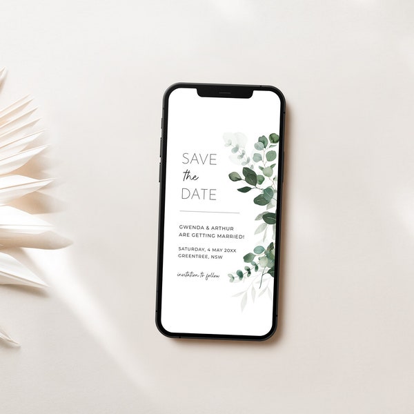 Eucalyptus Digital Save the Date, Editable Template, Eucalyptus Wedding Date Announcement, Electronic Invite, Sage Green Save Our Date GA25
