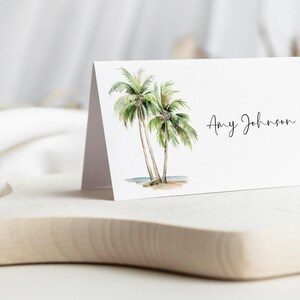 Cartes de visite palmiers pour mariage, modèle modifiable, carte de siège pour douche nuptiale tropicale, mariage sur la plage marque-place imprimable AABR