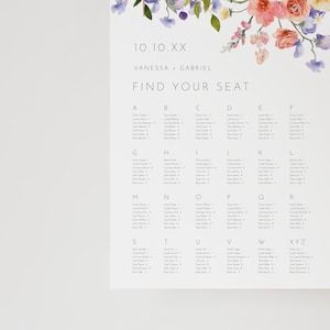 Kleurrijke bloemen bruiloft zitplaatsen grafiek op alfabet sjabloon, vind je stoelplan, boho alfabetisch zitplaatsen bord, grote bruiloft poster AAVG