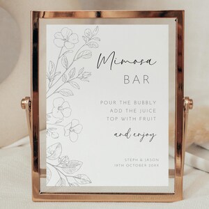 Hand Drawn Floral Mimosa Bar Sign, Editable Template, Minimalist Wedding Bubbly Bar Signage, Love in Bloom Bridal Shower Printable AASJ